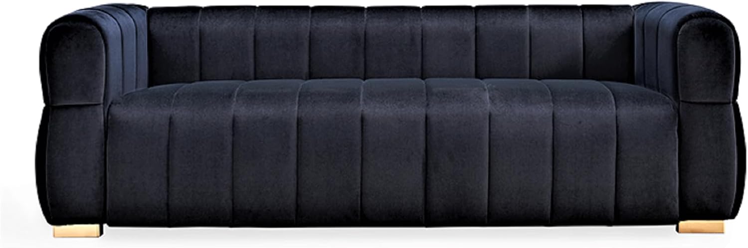 Container Furniture Direct Art Deco Velvet Sofa with Tufted Low Back Design, Sophisticated 3 Seater Couch for Living Rooms, 89 Inch Wide, Easy Assembly, Black
