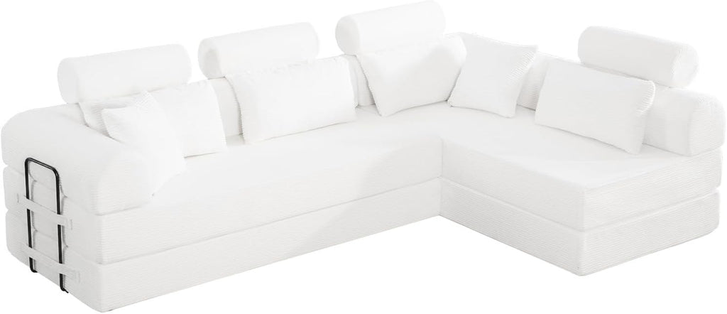 KEIKI 6-in-1 Folding Convertible High Back Sofa Sleeper, 106' Oversized Modular Sectional Corduroy Upholstered L Shape Couches for Living Room, High-Density Foam for Large Apartment Living, Beige
