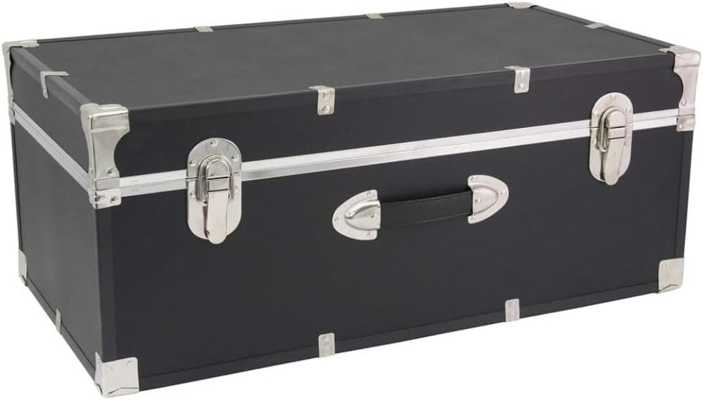 30-Inch Storage Trunk Lockable College Dorm Footlocker Heavy-Duty Camp Chest Travel Organizer Durable Wooden Utility Box with Nickel Hardware for Bedroom Office, Black Finish