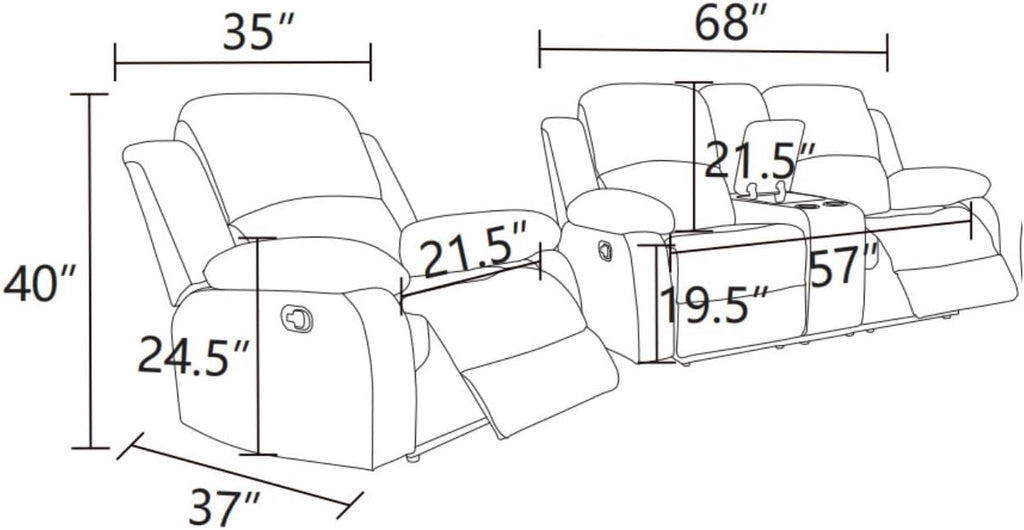 Leather Manual Recliner Sofa Set, Adjustable Backrest Reclining Loveseat Sofa & Recliner Chair, Comfortable Reclining Seats for Home Theater, Apartment, Beige