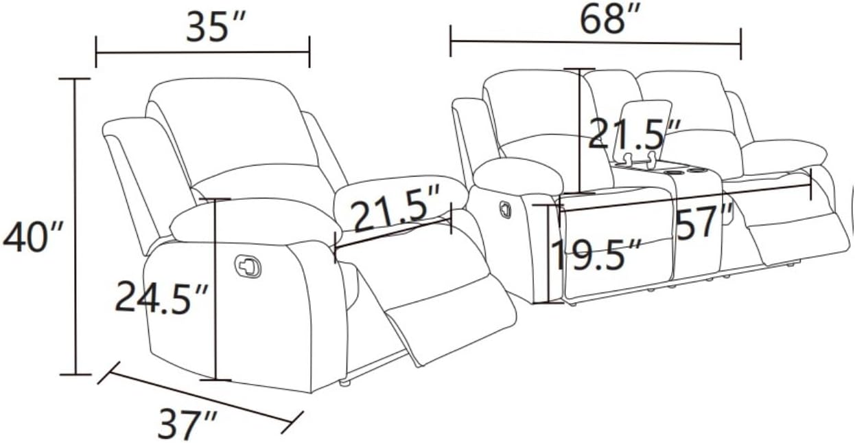 Leather Manual Recliner Sofa Set, Adjustable Backrest Reclining Loveseat Sofa & Recliner Chair, Comfortable Reclining Seats for Home Theater, Apartment, Beige