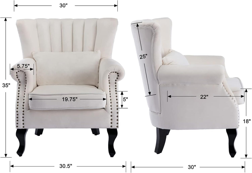 Kmax Cream Accent Chair Velvet Wingback Chair with Pillow Nail-Head Channel Tufted Oversized Club Chair for Living Room Bedroom Guest Room
