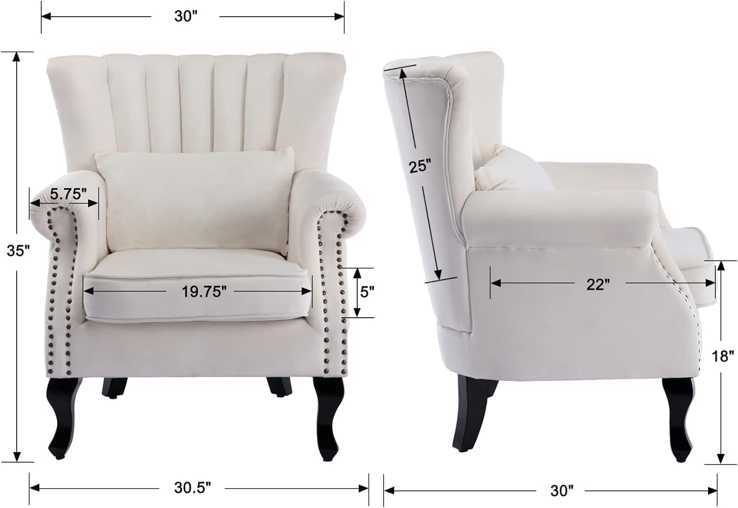 Kmax Cream Accent Chair Velvet Wingback Chair with Pillow Nail-Head Channel Tufted Oversized Club Chair for Living Room Bedroom Guest Room