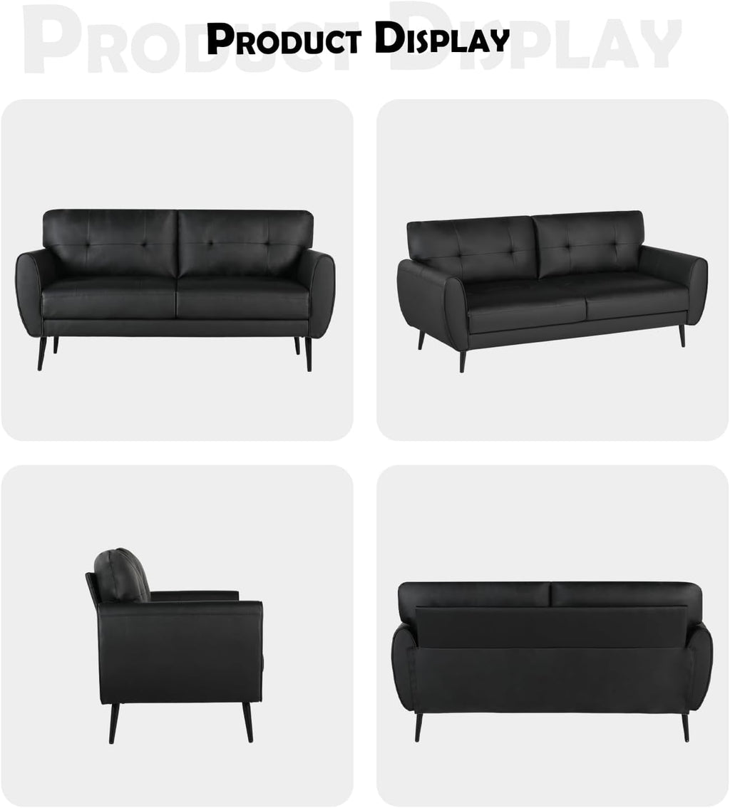 60' Loveseat Sofa for Living Room, Mid Century Mini Black Couch, Tufted Leather Love Seat Furniture, Comfy Office 2 Seat, Small Couches for Small Spaces, Bedroom, Apartment