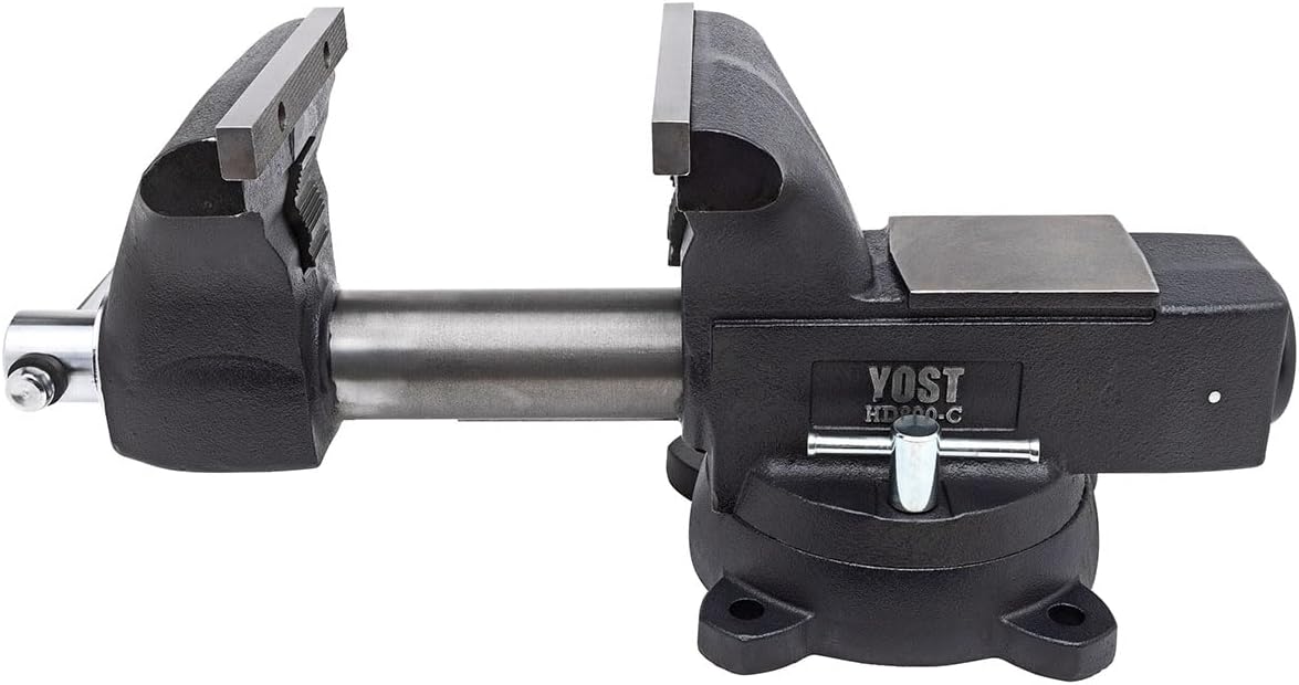 Yost HD800-C Heavy Duty 8-Inch Mechanics Work Bench Vise | Heavy Duty Woodworking & Metal Work Table with Secure Grip Swivel Base | 60,000 PSI Casting Iron Material with Extra-large Anvil Surface