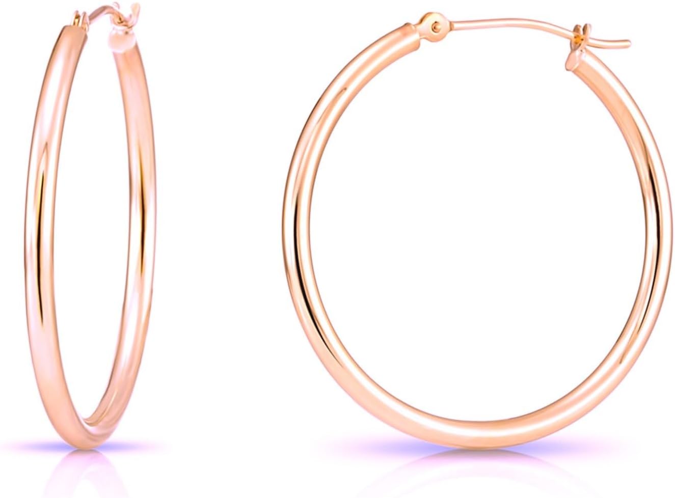 14K Rose Gold Classic Shiny Polished Round Hoop Earrings, 2mm tube