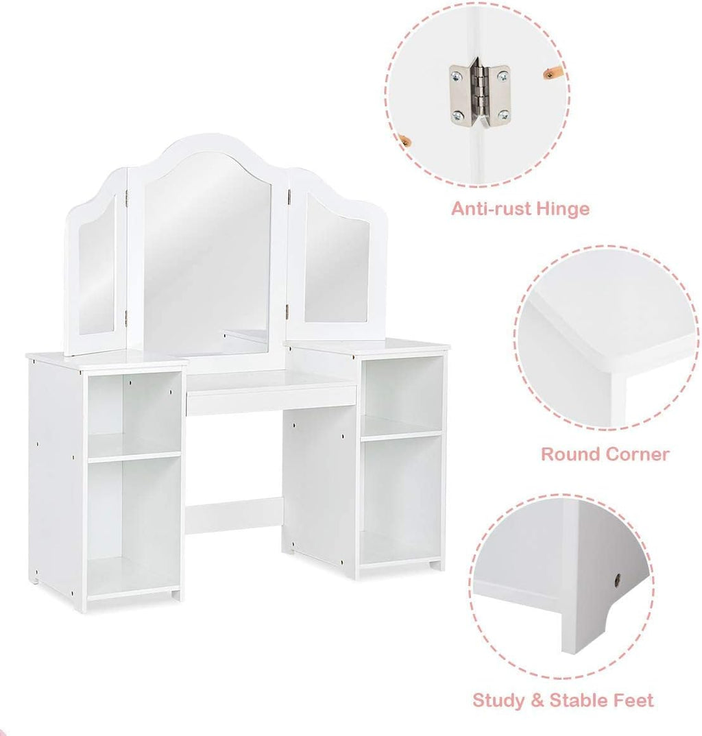 AKUSTIK Kids Vanity, 2 in 1 White Wooden Dressing Table for Toddlers with Tri-Folding Detachable Mirror, Storage Shelves, Pretend Princess Beauty Make Up Play Set for Little Girls