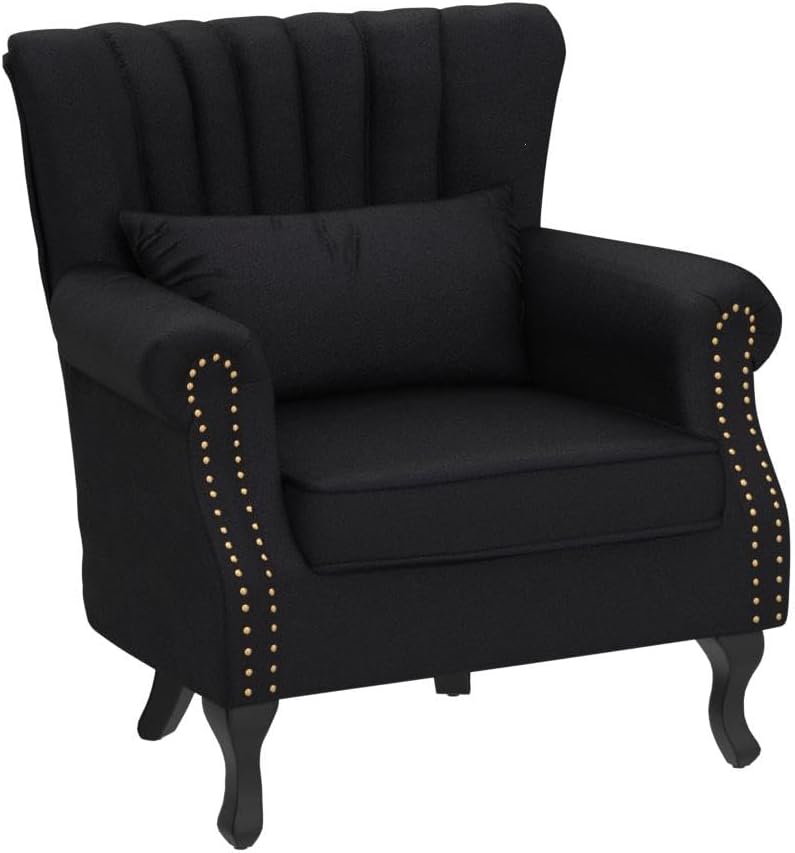 Kmax Black Accent Chair Velvet Wingback Chair with Pillow Nail-Head Channel Tufted Oversized Club Chair for Living Room Bedroom Guest Room