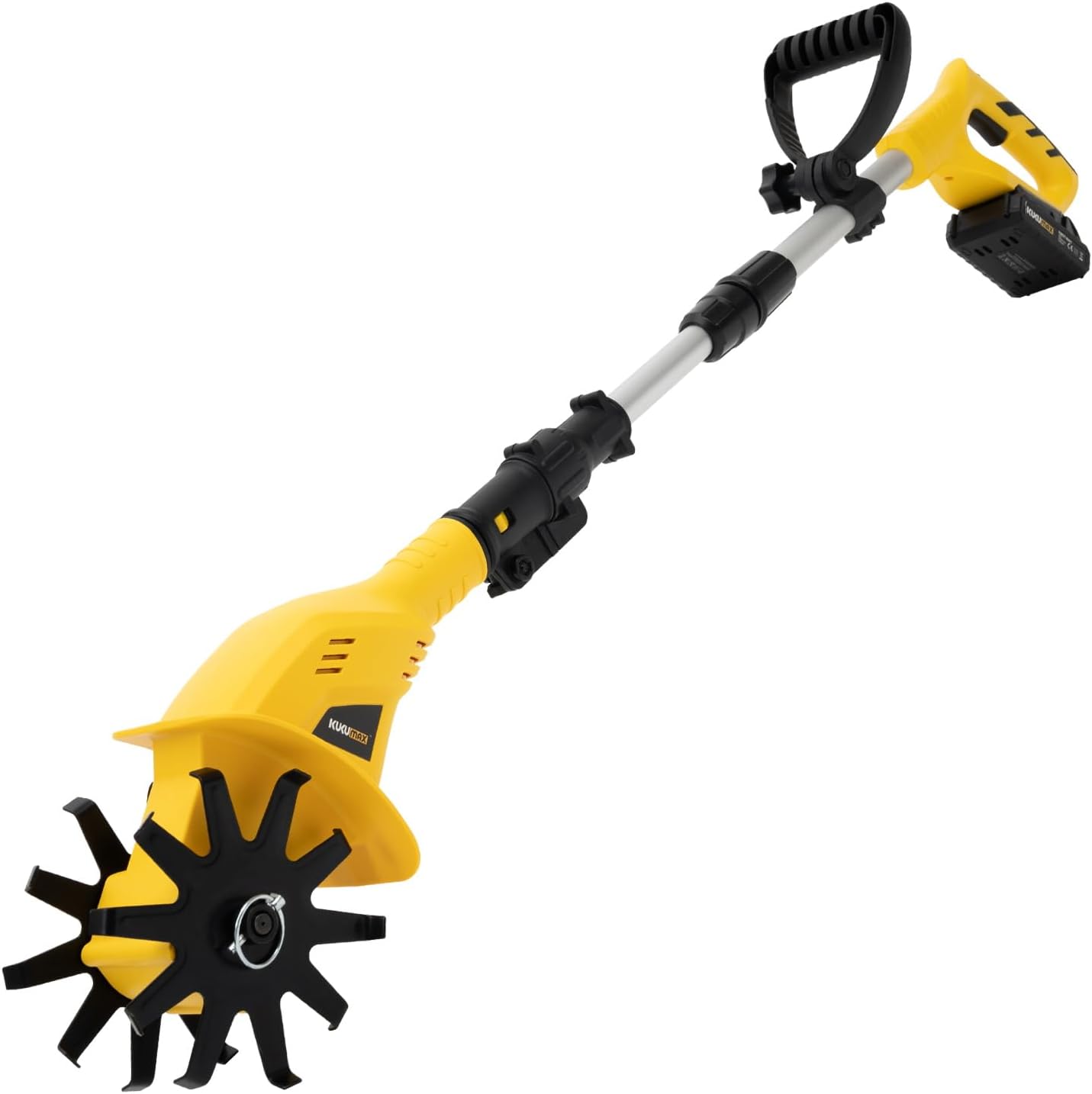 20V Cordless Tiller Cultivator with Steel Tines, Battery Powered Electric Garden Cultivator with 3-4FT Extendable Pole, Handheld Mini Tiller for Gardening, 6.3' Depth 4' Width