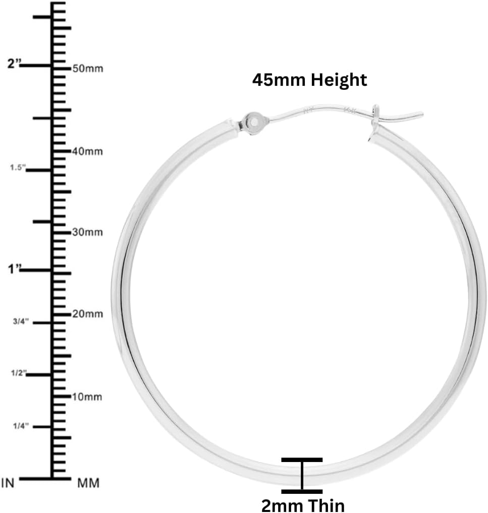 Classic 10K White Gold Hoop Earrings - Shiny Polished Plain Round Gold Hoops for Women and Men