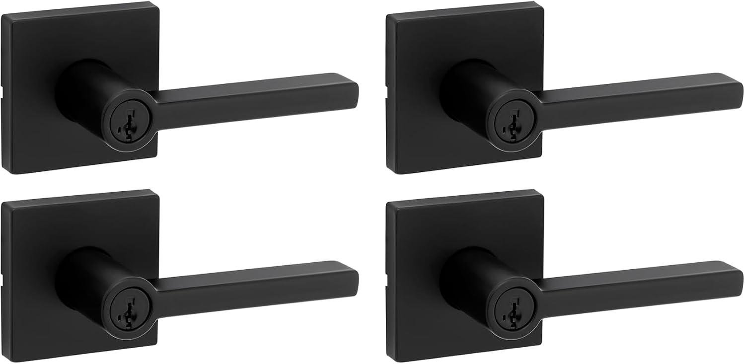 Kwikset Halifax Entry Door Handle with Lock and Key, Secure Keyed Reversible Lever Exterior, for Front Entrance and Bedrooms, Matte Black, 4 Pack, Pick Resistant SmartKey Rekey Security and Microban