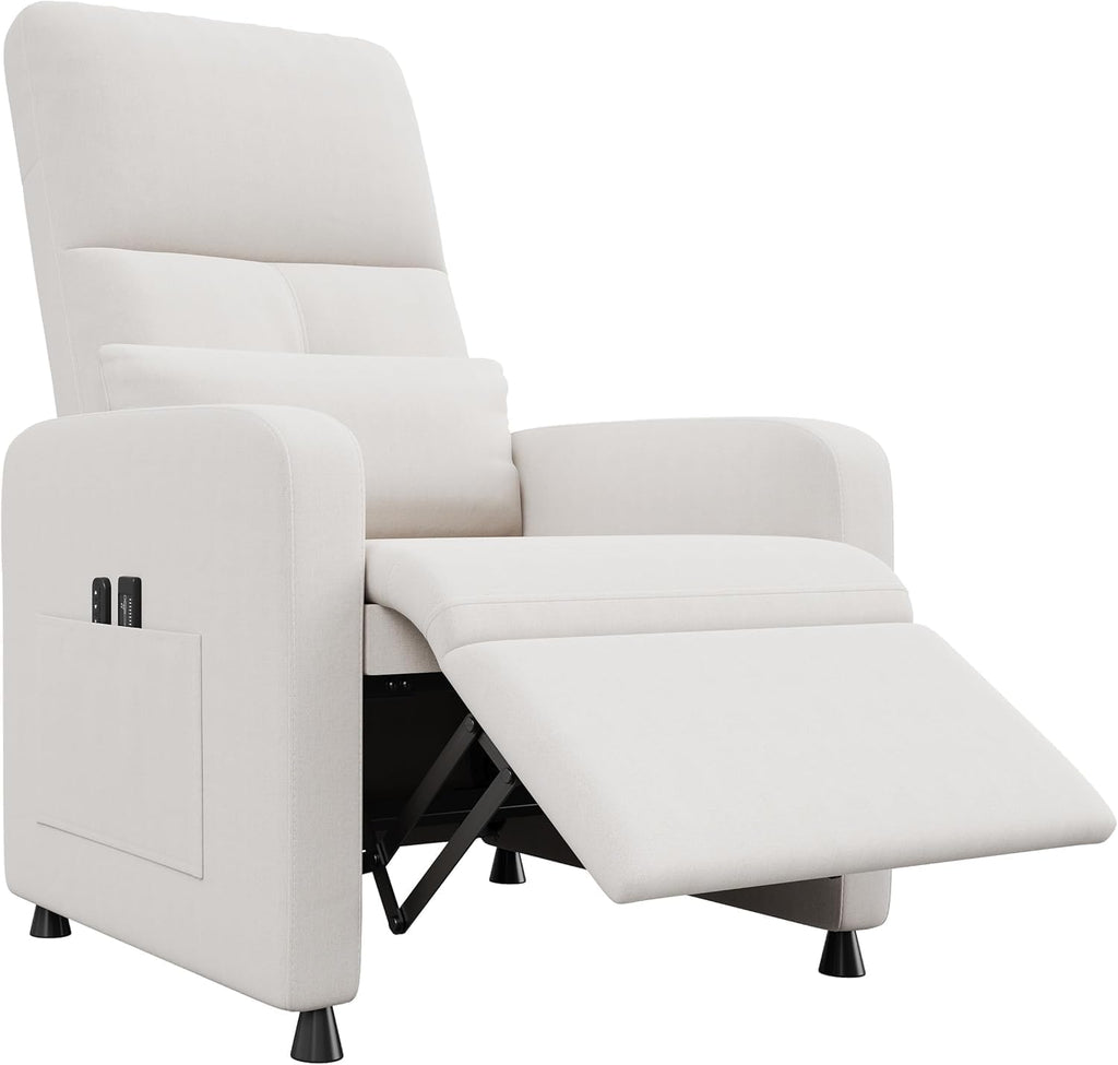 Power Recliner Chair with Electric Adjustable Back USB Port & Side Pockets, Single Overstuffed Recliner Chair for Living Room, Bedroom, or Home Theater, Beige White
