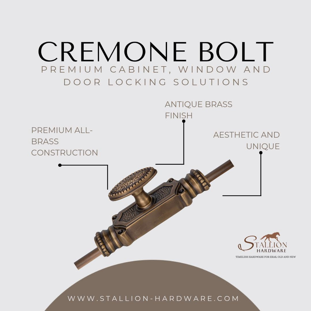 Antique Brass Door Cremone Bolt - 9 ft Durable Solid Brass Build, Rust Resistant, Easy Installation, Vintage Style for Tall Doors, Perfect for Any Decor