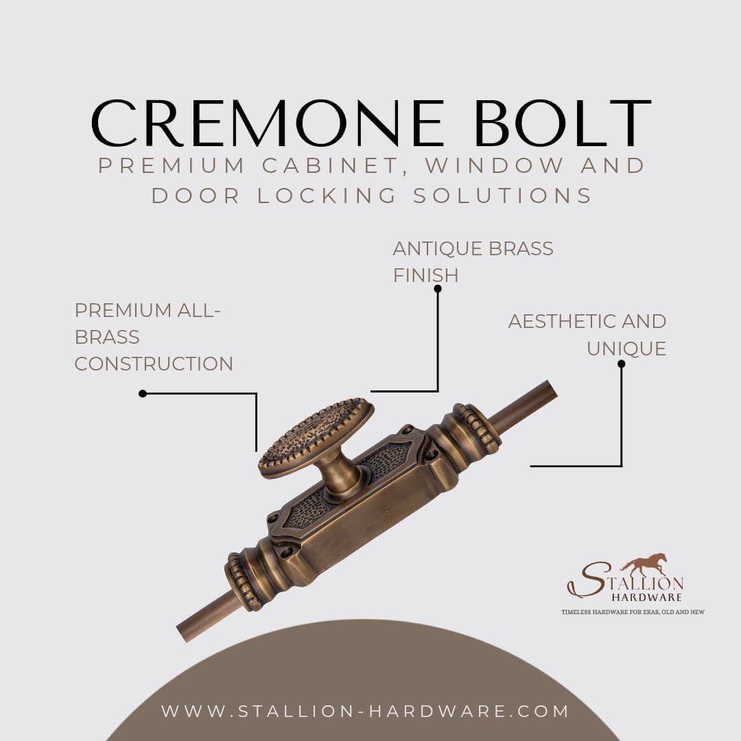 Antique Brass Door Cremone Bolt - 9 ft Durable Solid Brass Build, Rust Resistant, Easy Installation, Vintage Style for Tall Doors, Perfect for Any Decor