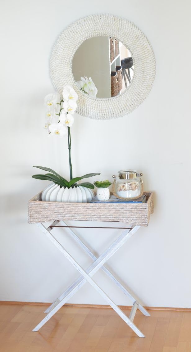 KOUBOO La Jolla Rattan Butler Tray with Folding Stand, Hand-Woven Decorative Tray, Coffee Table Trays, Serving Breakfast Bed Room Tray, Home Decor, White Wash