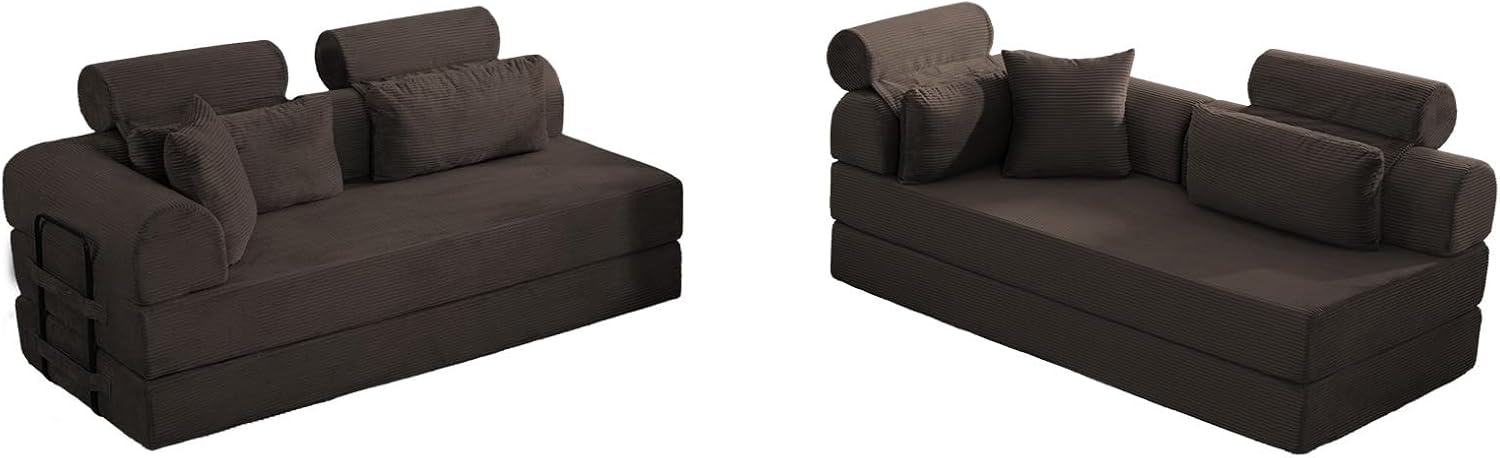 KEIKI 6-in-1 Folding Convertible High Back Sofa Sleeper, 106' Oversized Modular Sectional Corduroy Upholstered L Shape Couches for Living Room, Ergonomic Support for Loft Living Space, Brown