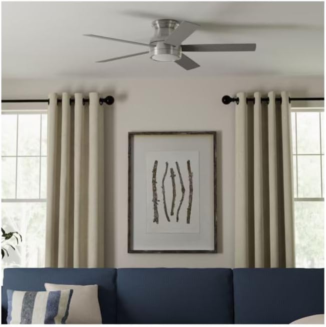 Harbr.Breeze Calverton Easy2Hang 52-in Color-Changing Integrated LED Flush Mount Brushed Nickel with Light Brown Woodgrain/Gray Blades Ceiling Fan With Light - Remote Included (5 -Blade)