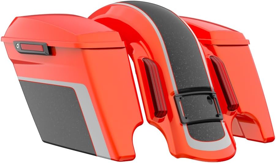 Advanblack Color Matched Stretched Bags, Lids Black Latch Hardware for '23-'24 Harley Touring CVO & 2024 Street Glide, Road Glide (Legendary Orange)
