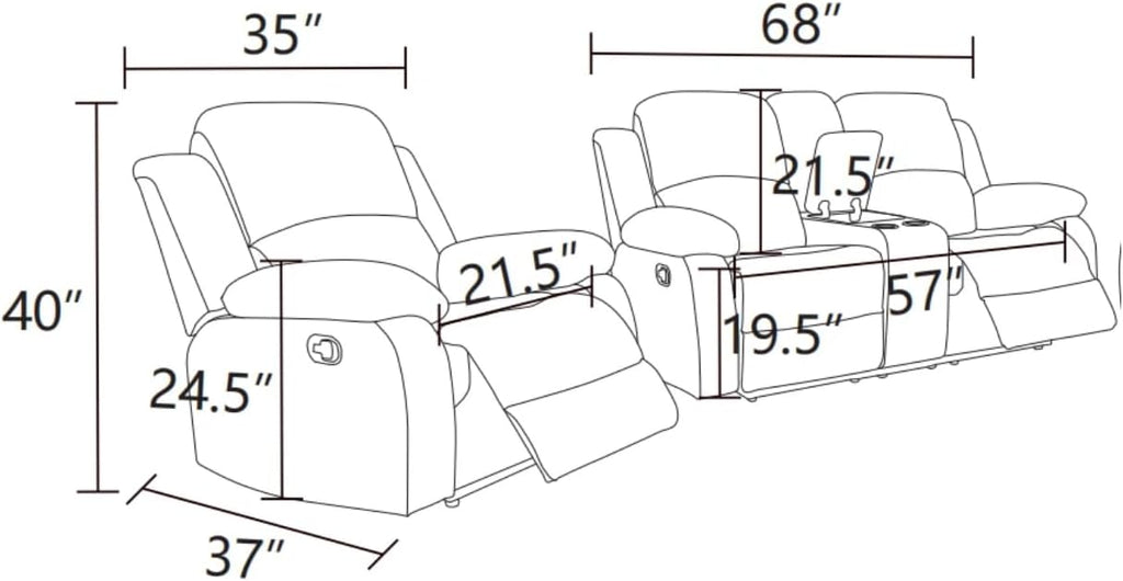 Manual Leather Recliner Sofa Set, Adjustable Backrest Reclining Loveseat Sofa & Recliner Chair, Comfortable Reclining Seats for Home Theater, Apartment, Dark Blue