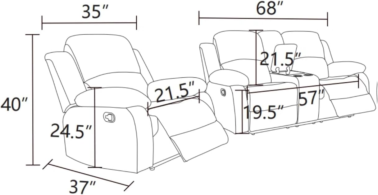 Manual Leather Recliner Sofa Set, Adjustable Backrest Reclining Loveseat Sofa & Recliner Chair, Comfortable Reclining Seats for Home Theater, Apartment, Dark Blue