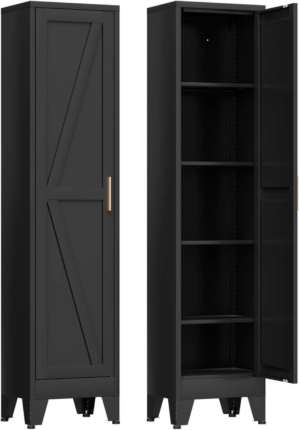COFaR 67'' Tall Narrow Bathroom Storage Cabinet, Metal Farmhouse Skinny Pantry Cabinet with 4 Adjustable Shelves and One Door, Slim Cabinet Storage for Kitchen Garage, 5-Tier Black