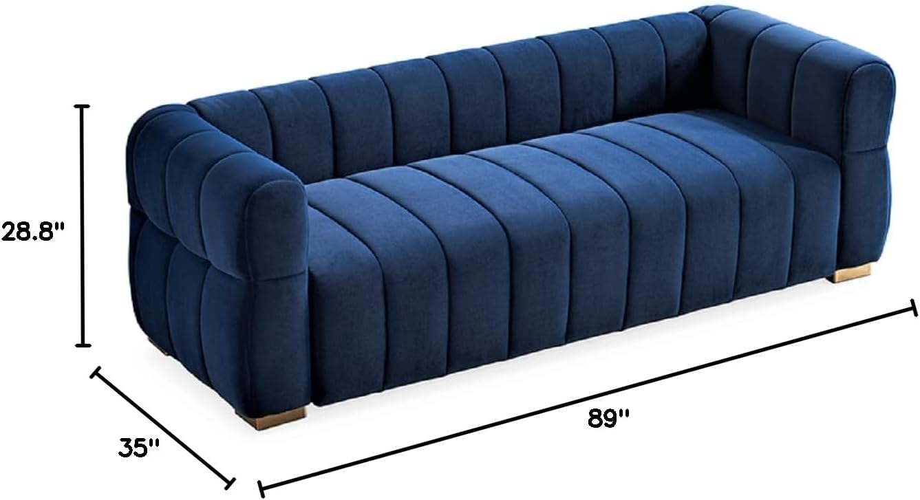 Container Furniture Direct Art Deco Velvet Sofa with Tufted Low Back Design, Sophisticated 3 Seater Couch for Living Rooms, 89 Inch Wide, Easy Assembly, Blue