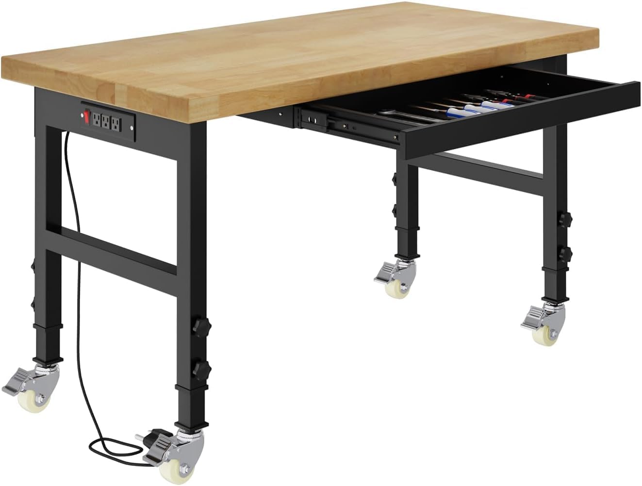 48' Heavy Duty Work Bench with Drawers, Adjustable Height Workbench with Wheels, 2000 LBS Capacity Work Table with Power Outlets for Garage, Workshop, Office, Home