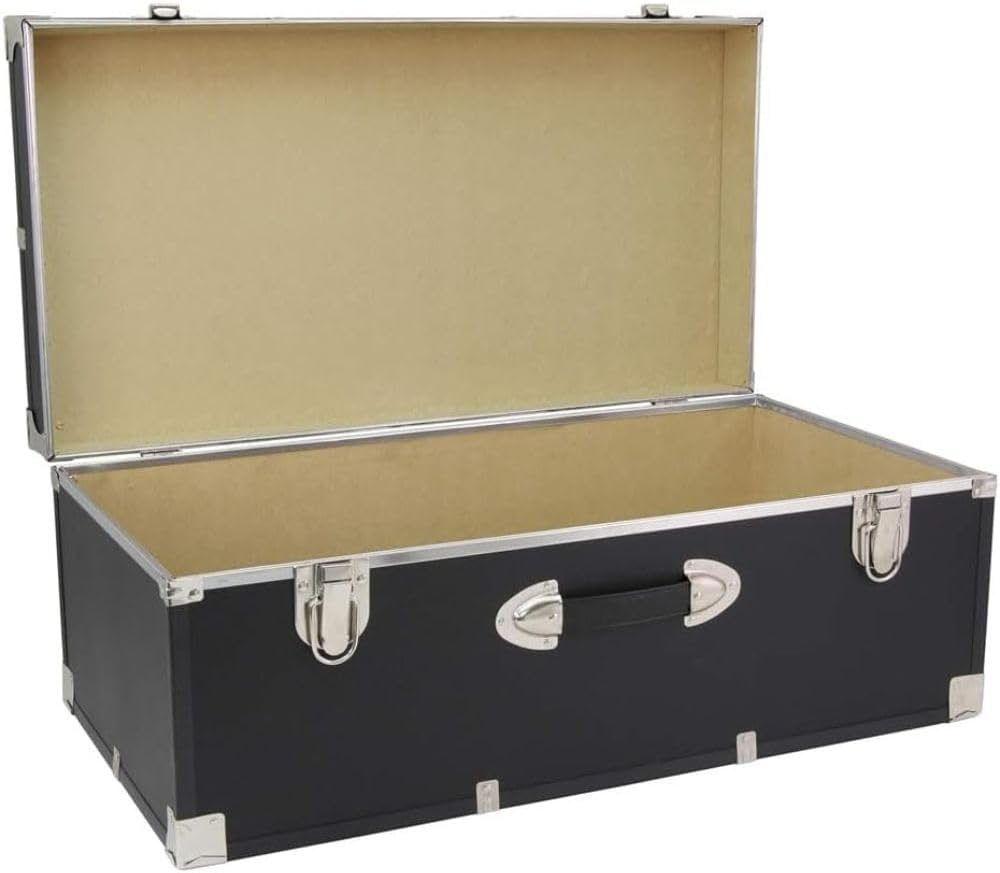 30-Inch Storage Trunk Lockable College Dorm Footlocker Heavy-Duty Camp Chest Travel Organizer Durable Wooden Utility Box with Nickel Hardware for Bedroom Office, Black Finish