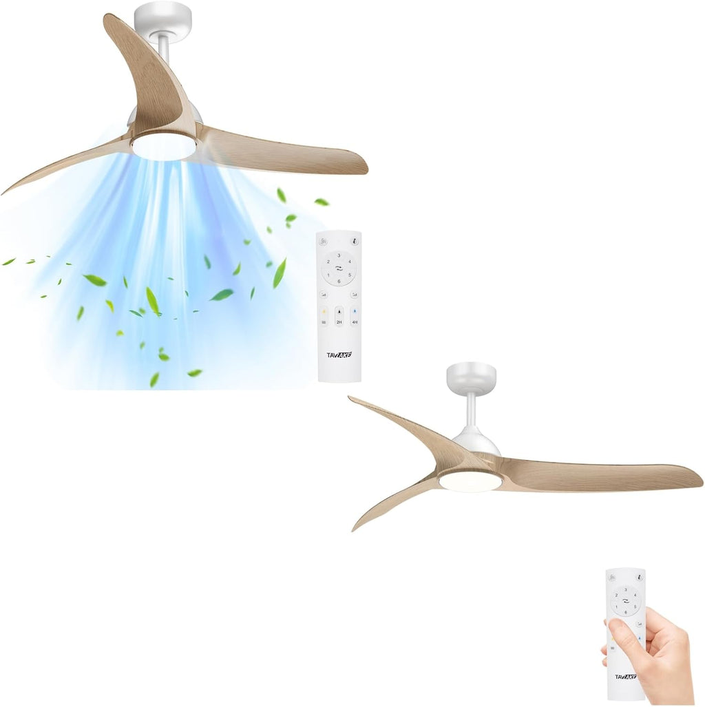 Ceiling Fans with Lights, Flush Mount Ceiling Fan with Light and Remote, LED Dimmable, 6 Speeds, Quiet Reversible Motor, Modern Ceiling Fan with Light for Indoor/Outdoor (Wood, 42 inch + 56 inch)
