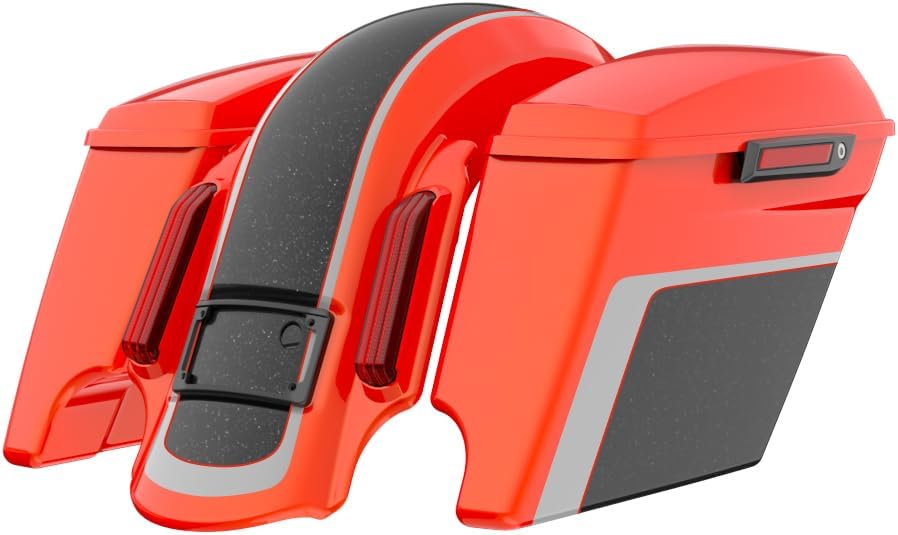 Advanblack Color Matched Stretched Bags, Lids Black Latch Hardware for '23-'24 Harley Touring CVO & 2024 Street Glide, Road Glide (Legendary Orange)