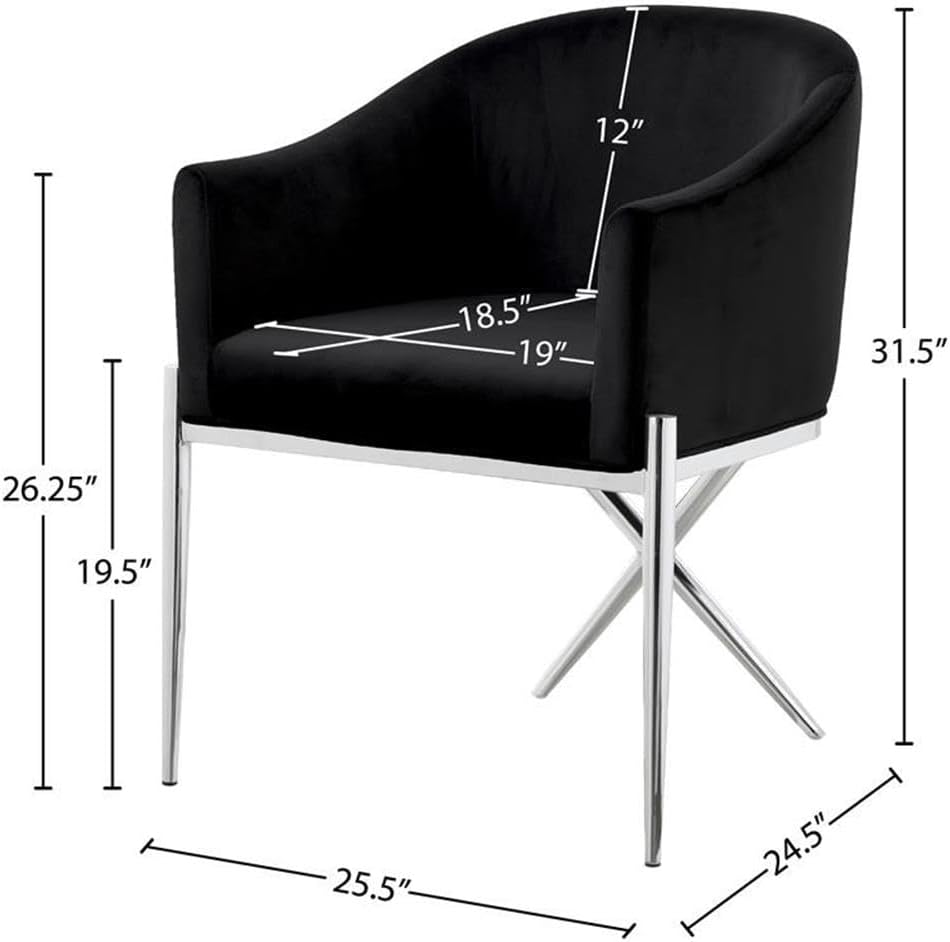 Meridian Furniture Xavier Collection Modern | Contemporary Velvet Upholstered Dining Chair with Sturdy Steel X Shaped Legs, 25.5' W x 24.5' D x 31.5' H, Black