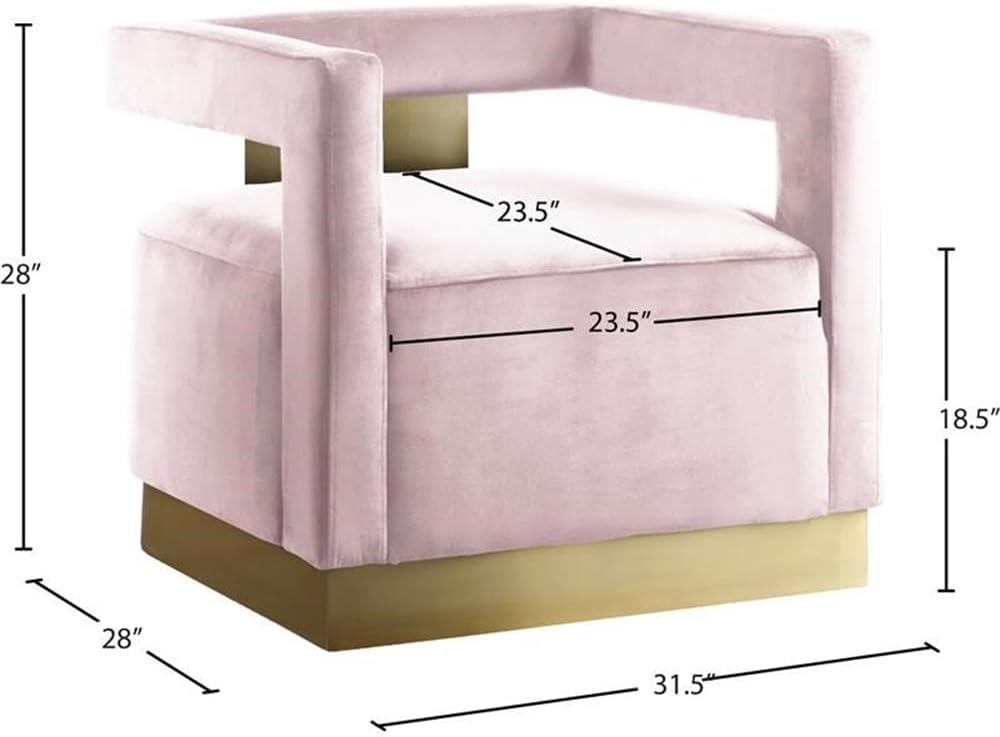 Meridian Furniture 597Pink Armani Collection Modern | Contemporary Velvet Upholstered Accent Chair with Sturdy Steel Base and Back in Gold Finish, 31.5' W x 28' D x 28' H, Pink