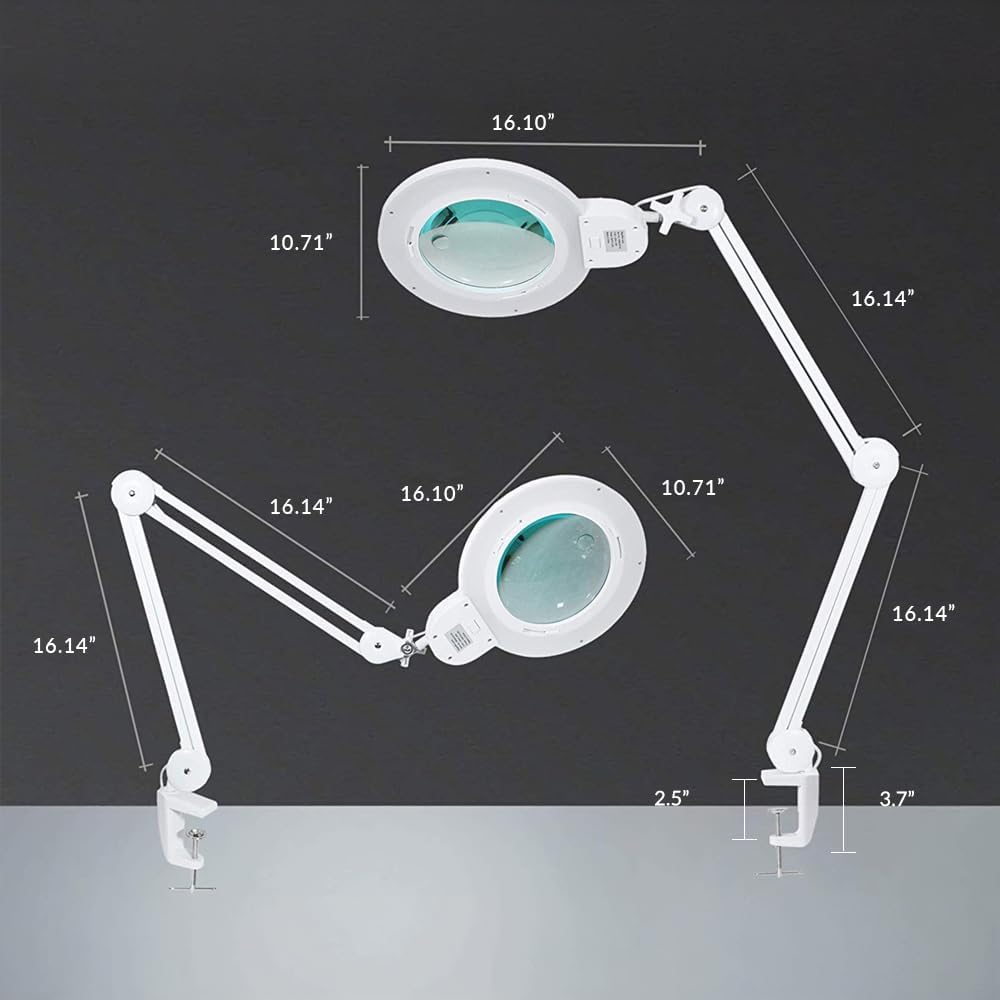 Neatfi XL Bifocal LED Magnifying Lamp, 7' Acrylic Lens, 2.25X/6X, 1,600 Lumens Dimmable | 3 Light Modes, Adjustable Arm & Clamp | Reading, Crafting & Jewelry (White, 7-inch Lens, CCT with Clamp)