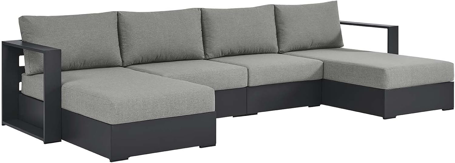 Modway Tahoe Aluminum 4-Piece Outdoor Patio Furniture Gray, Modular Sectional Sofa Set with Chaise Lounges, Weather-Resistant Cushion, Ideal for Deck, Backyard, Poolside
