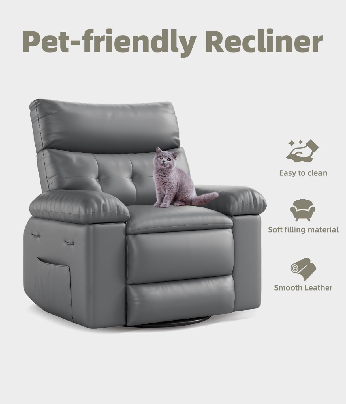 GarveeHome Oversized Recliner Chairs, Classic Manual Leather Recliner, Home Theater Seating with Lumbar & Arms Support for Living Room, Bedroom and Nursery - Grey