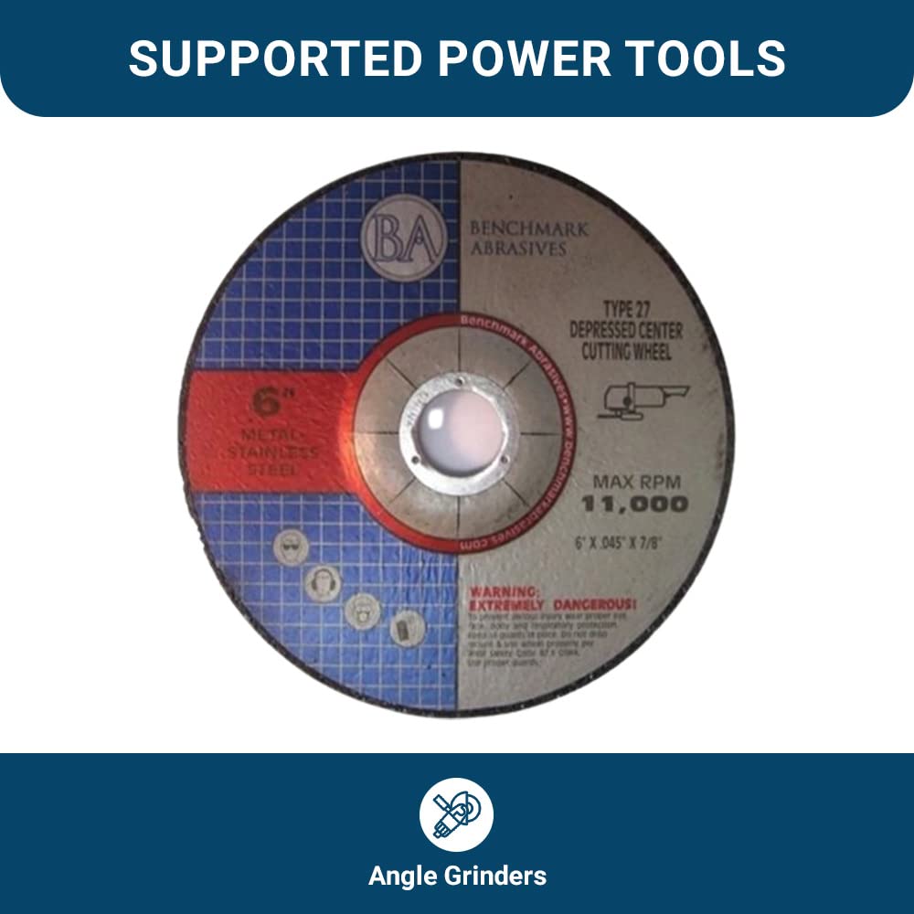 Benchmark Abrasives Grinder Cut Off Wheels 6 Inch Aluminum Oxide Depressed Center Thin Type 27 for Metals, .045' Thick 7/8' Arbor, Angle Grinder Cutting Disc, Grinding Cutting Wheel - 100 Pack