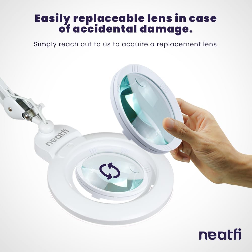 Neatfi XL Bifocal LED Magnifying Lamp, 7' Acrylic Lens, 2.25X/6X, 1,600 Lumens Dimmable | 3 Light Modes, Adjustable Arm & Clamp | Reading, Crafting & Jewelry (White, 7-inch Lens, CCT with Clamp)