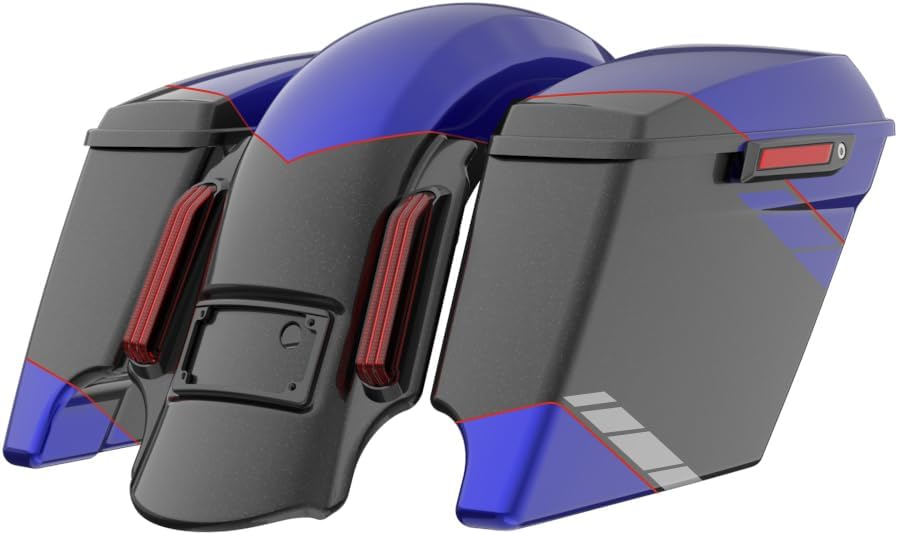 Advanblack Color Matched Stretched Bags, Lids Black Latch Hardware for '23-'24 Harley Touring CVO & 2024 Street Glide, Road Glide (Blue Streak)