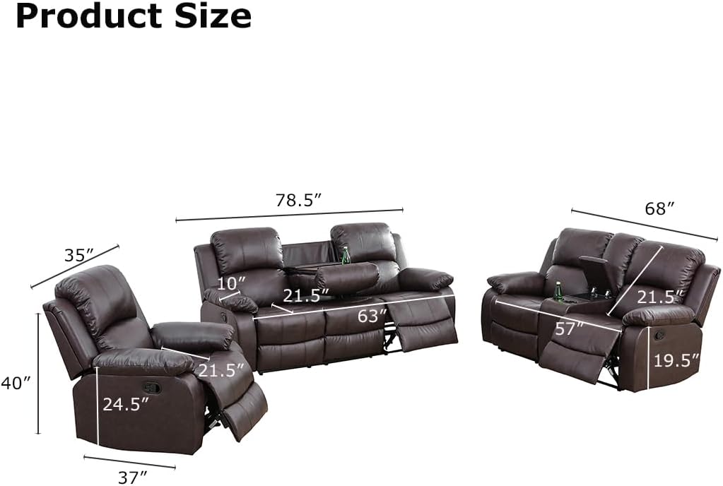 Manual Recliner Loveseat Set, Living Room Furniture Sets, 2 Seater Modern Reclining Couches, Brown Leather Reclining Couch Sets with Storage Console/Cup Holder for Living Room/Apartment