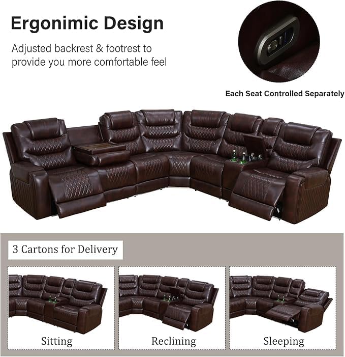 Living Room Furniture Set, Power Reclining Sofa Set, Air Leather Recliners with Built-in USB Ports and Storage Console, LED Reclining Couch Set for Living Room (Wine, Sectional)