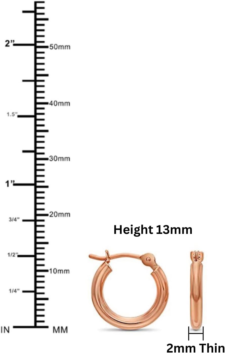 14K Rose Gold Classic Shiny Polished Round Hoop Earrings, 2mm tube