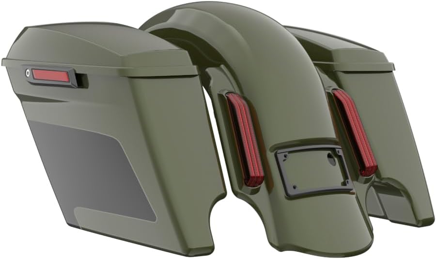 Advanblack Color Matched Stretched Bags, Lids Black Latch Hardware for '23-'24 Harley Touring CVO & 2024 Street Glide, Road Glide (Olive Steel Metallic & Vivid Black)