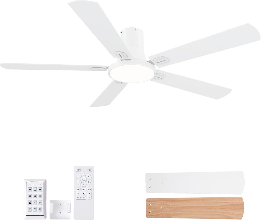 SNJ 60 Inch White Ceiling Fans with Lights and Remote,Flush Mount Low Profile 5 Blades Ceiling Fan,Dimmable Quiet Reversible DC Motor for,Living Room,Bedroom and Patio