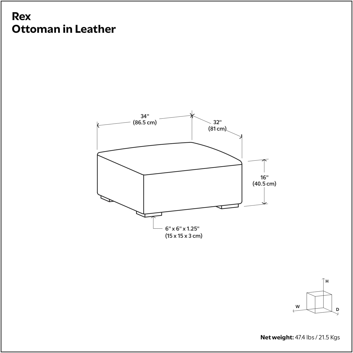SIMPLIHOME Rex Ottoman - 34 inch Wide Upholstered Genuine Leather Square Ottoman in Caramel Brown, Modern Bench for Living Room or Bedroom with High-Density Cushion, Assembled