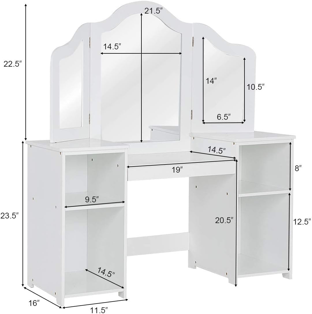 AKUSTIK Kids Vanity, 2 in 1 White Wooden Dressing Table for Toddlers with Tri-Folding Detachable Mirror, Storage Shelves, Pretend Princess Beauty Make Up Play Set for Little Girls