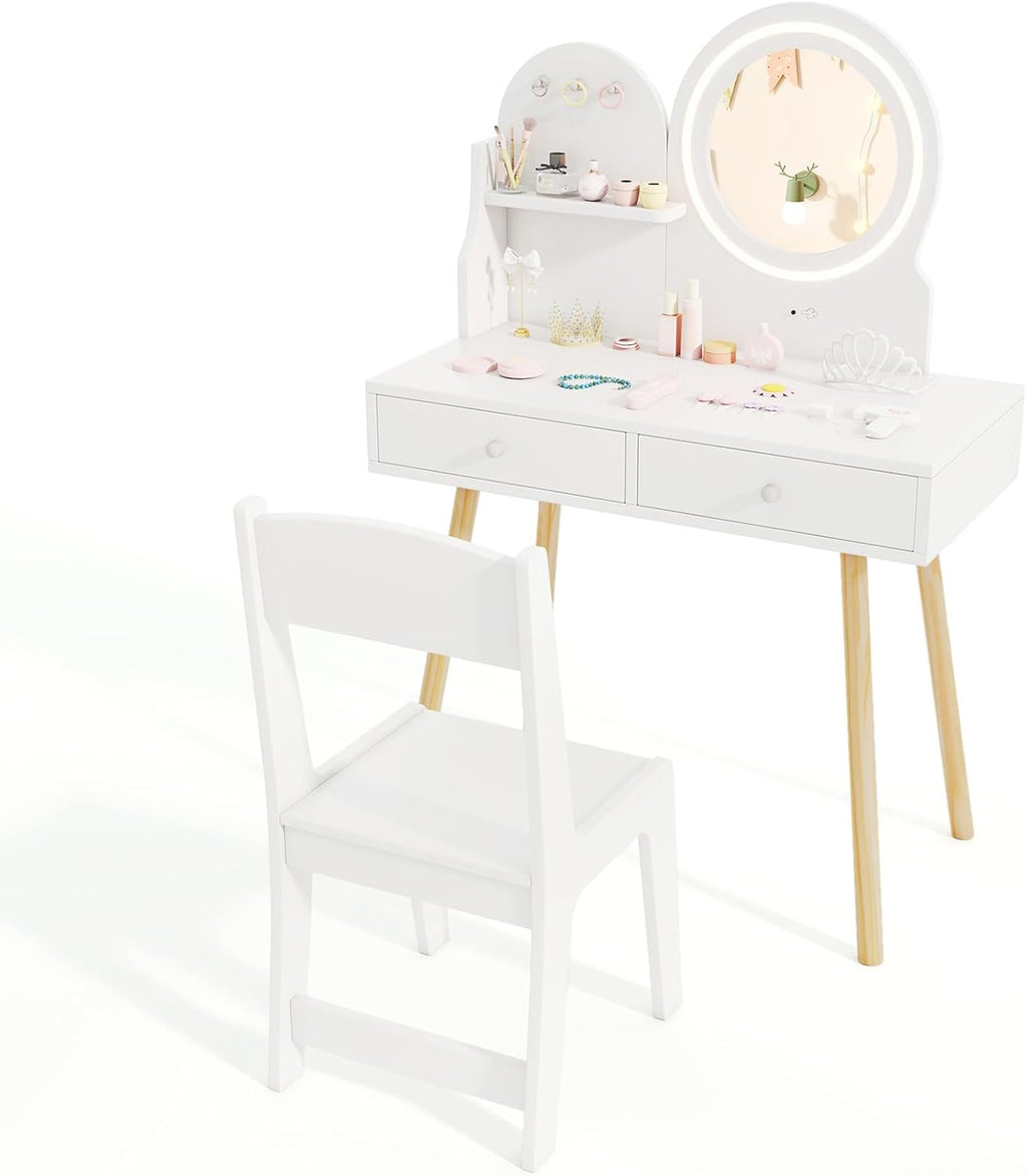 HONEY JOY Kids Vanity, Little Girls Vanity Set with Mirror and Stool and Lights, Drawers, Toddler Makeup Vanity Dressing Table, Wooden Pretend Play Kids Vanity Table and Chair Set (White)