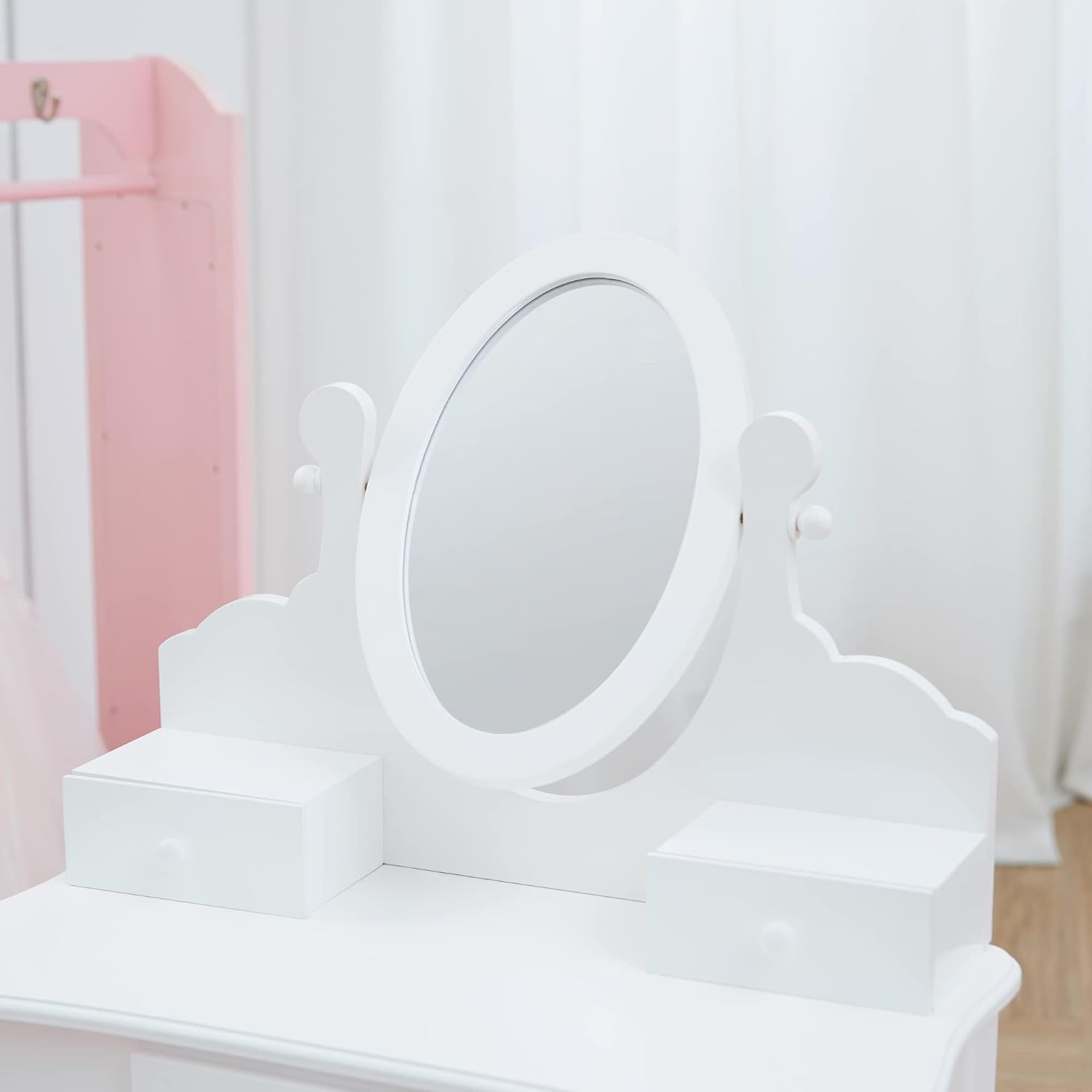 Teamson Kids Princess Rapunzel Wooden 2-pc. Play Vanity Set with Three Storage Drawers, Rotating Oval Mirror and Matching Stool to Play Dress-up, Princess or Beauty Shop, White
