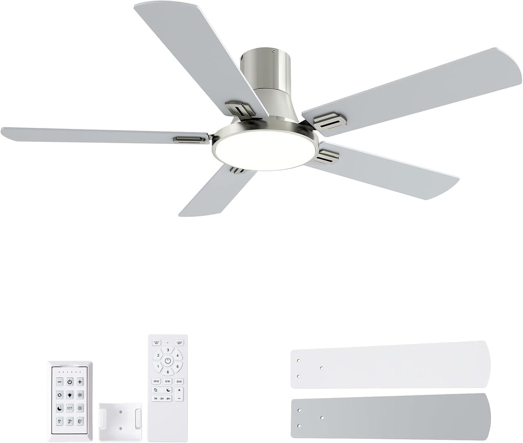 SNJ 52 Inch Brushed Nickel Ceiling Fans with Lights and Remote,Flush Mount Low Profile 5 Blades Ceiling Fan,Dimmable Quiet Reversible DC Motor for,Living Room,Bedroom and Patio