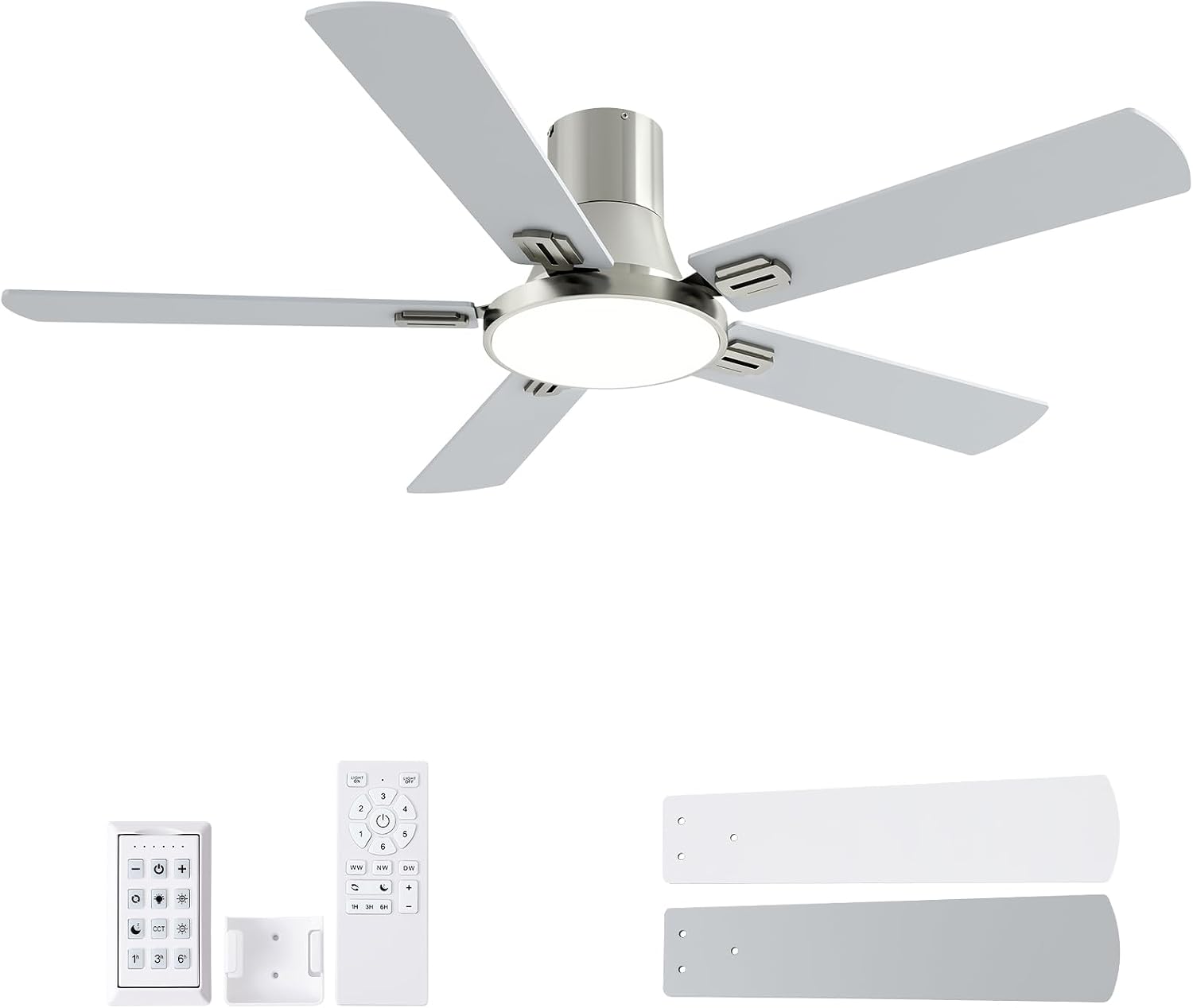 SNJ 52 Inch Brushed Nickel Ceiling Fans with Lights and Remote,Flush Mount Low Profile 5 Blades Ceiling Fan,Dimmable Quiet Reversible DC Motor for,Living Room,Bedroom and Patio