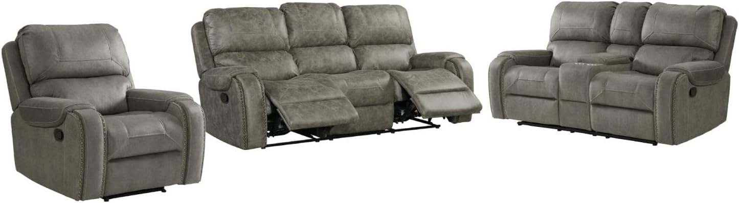 Sunset Trading Calvin 3 Piece Reclining Living Room Set | Sofa, Recliner and Loveseat | Gray Upholstery with Nailheads, Gray with Brass Nailheads, 6-Seater Home Theater Furniture